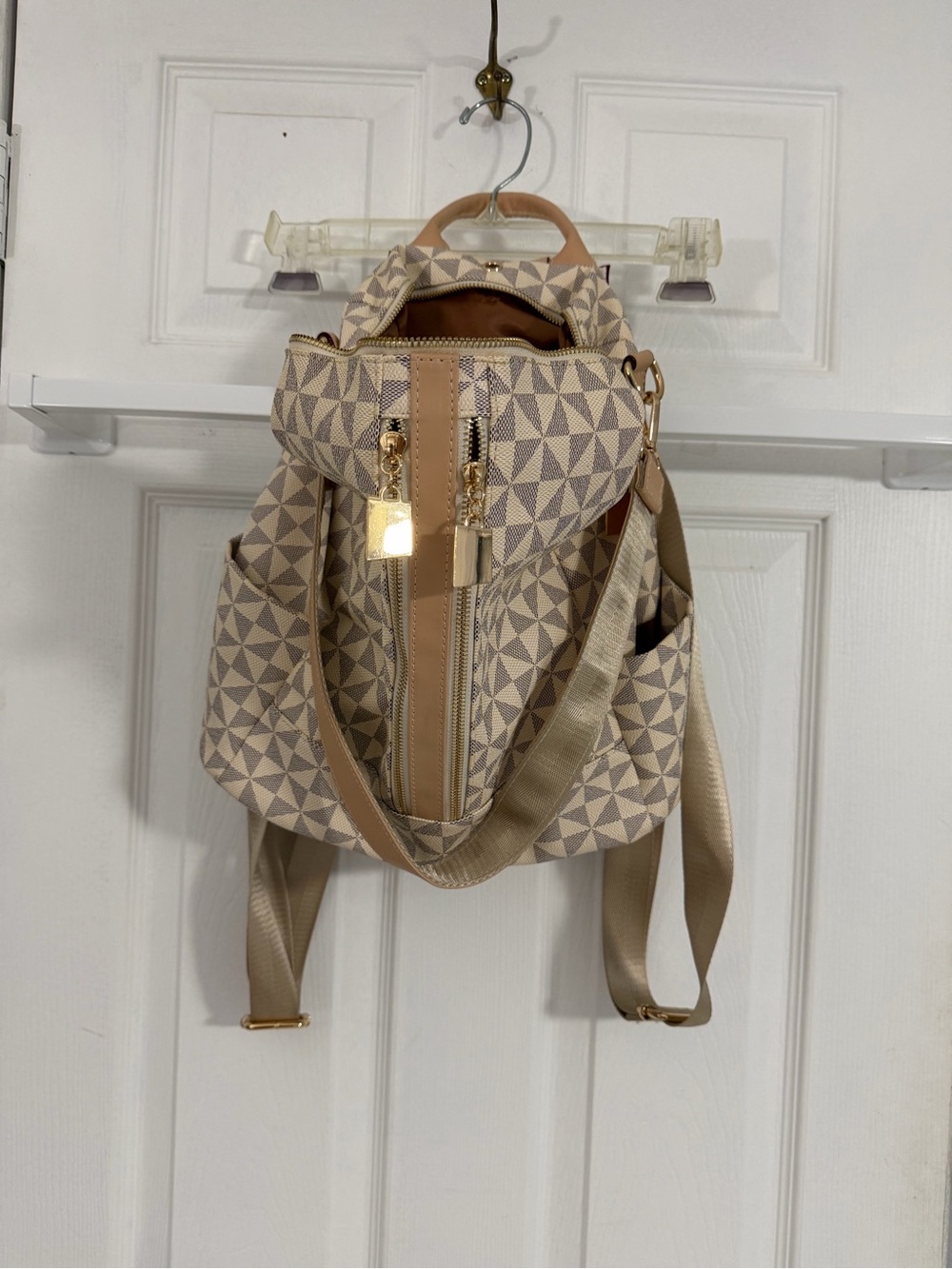 Neutral Beige Geometric Canvas Backpack with Gold Accents